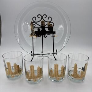 Set Of Vintage Marshal Fields Chicago Skyline Barware, 4 Glasses & Large Platter